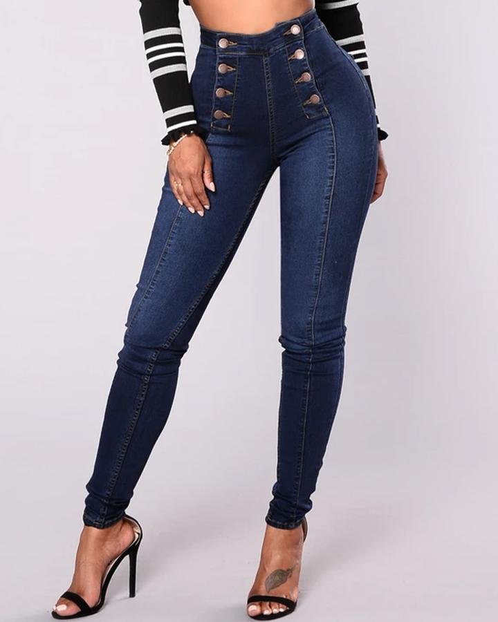Double Breasted High Waist Skinny Jeans-Move Position