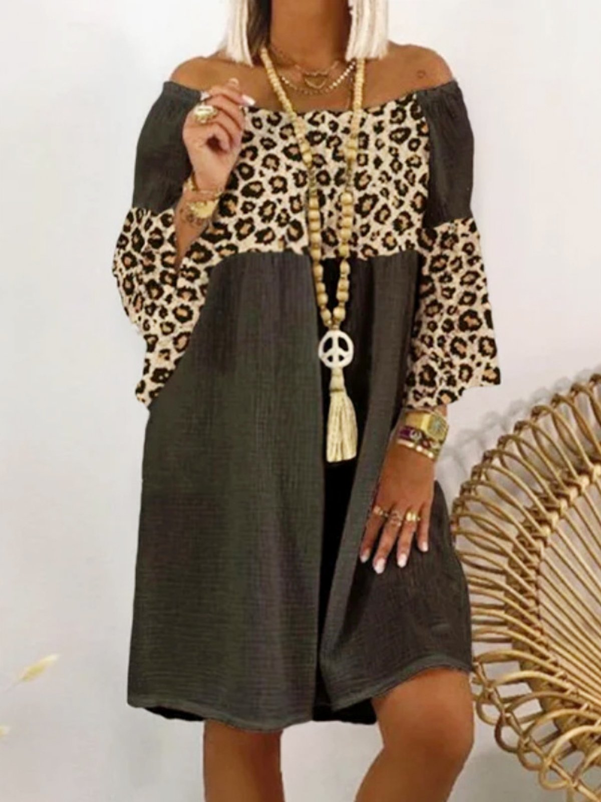 Women's Leopard Stitching Casual Off-Shoulder Cotton Dress-Move Position