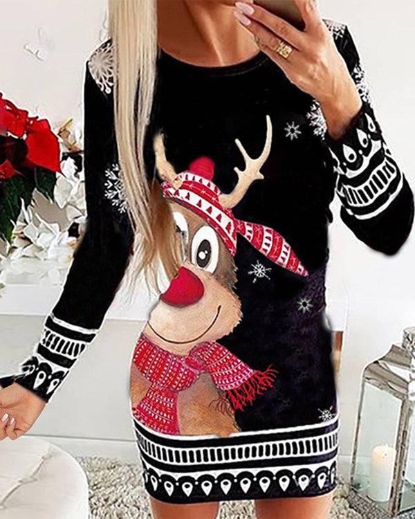 Moveposition™ Long Sleeve Crew Neck Pullover Christmas Print Dress-Move Position