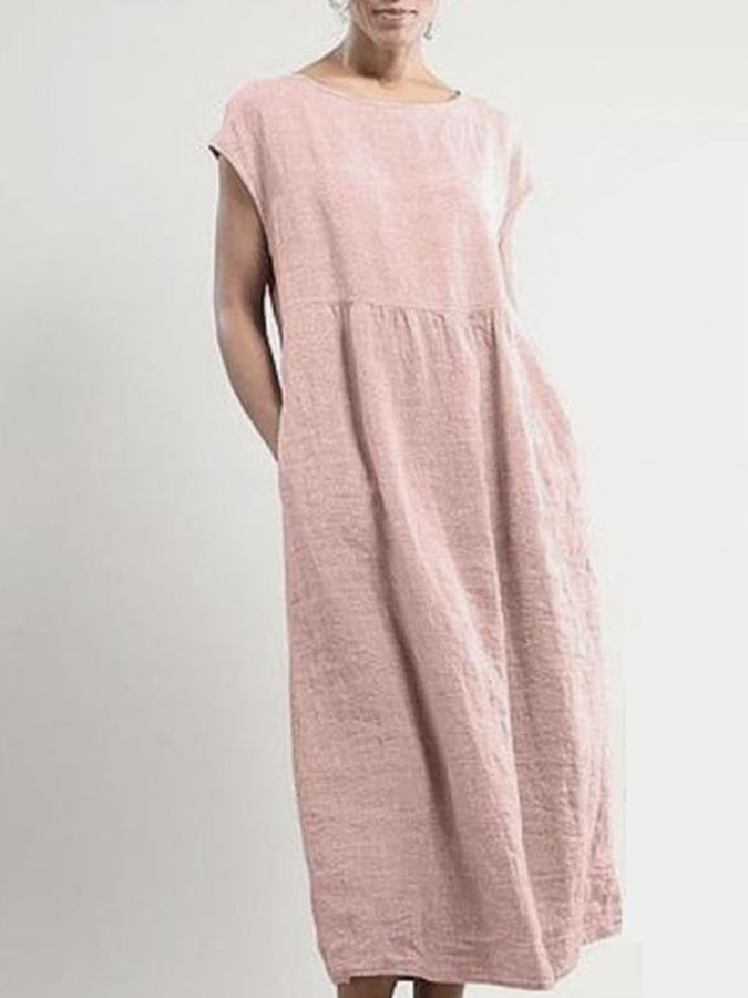 Solid Color Sleeveless Loose Pocket Cotton Linen Dress-Move Position
