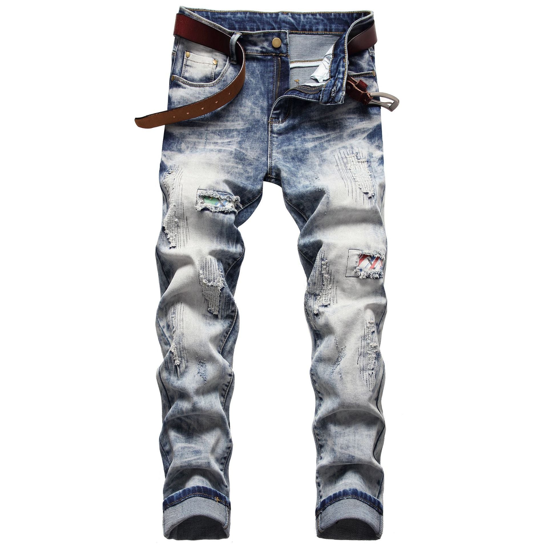 Casual Hole Pattern Patch Folds Jeans-Move Position