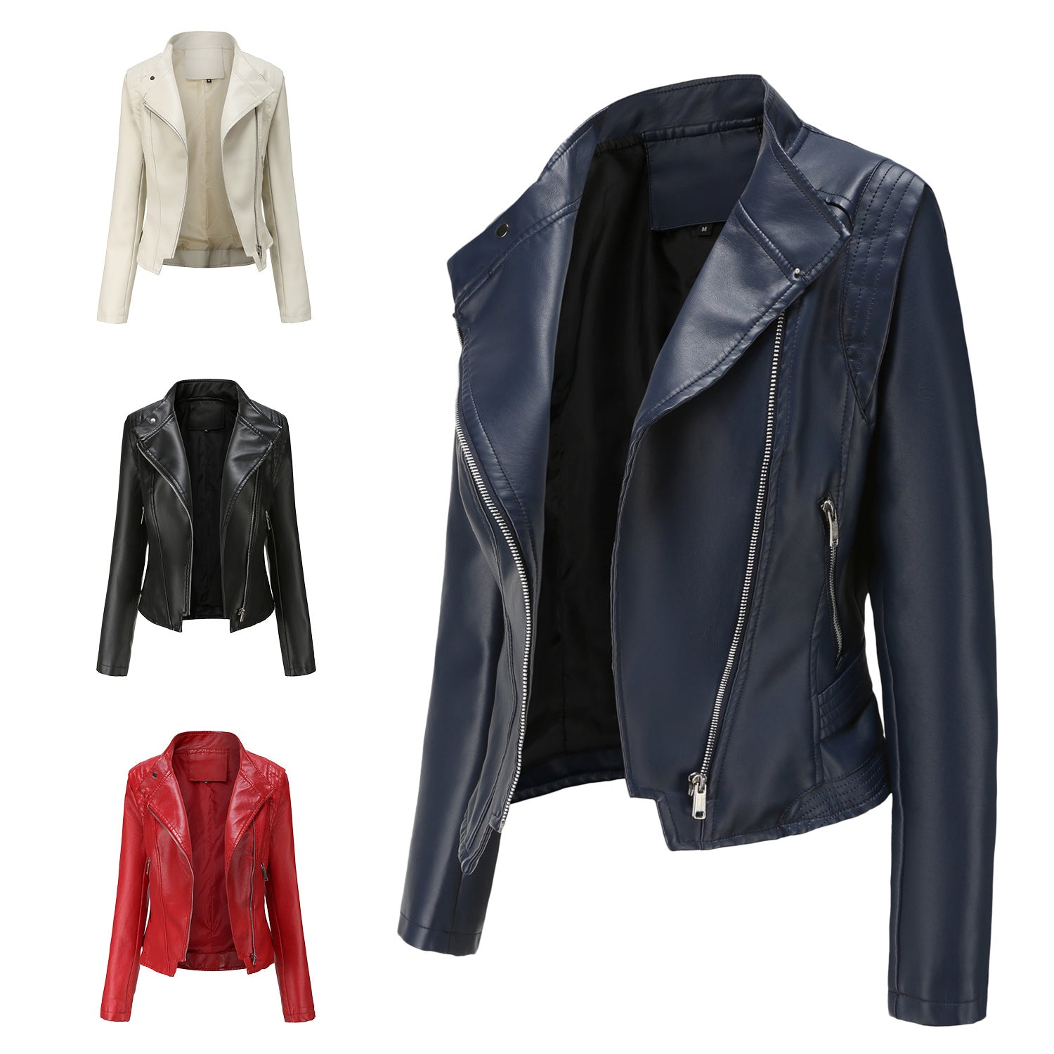 Lapel Ladies Slim Fit PU Leather Jacket-Move Position