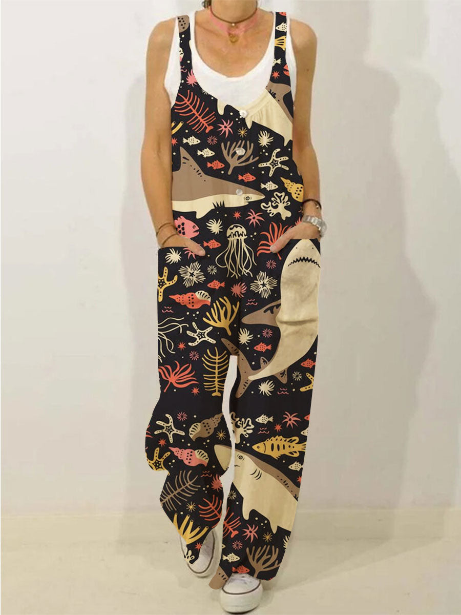 Casual shark printed pockets Jumpsuit-Move Position