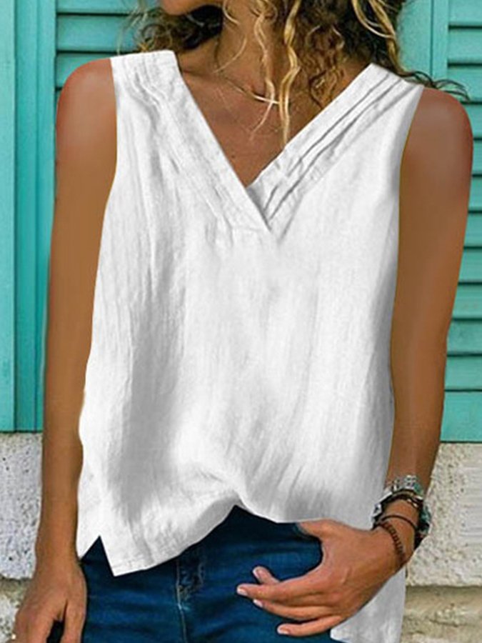 Ladies Cotton Linen V-Neck Hem Bifurcated Sleeveless Shirt-Move Position