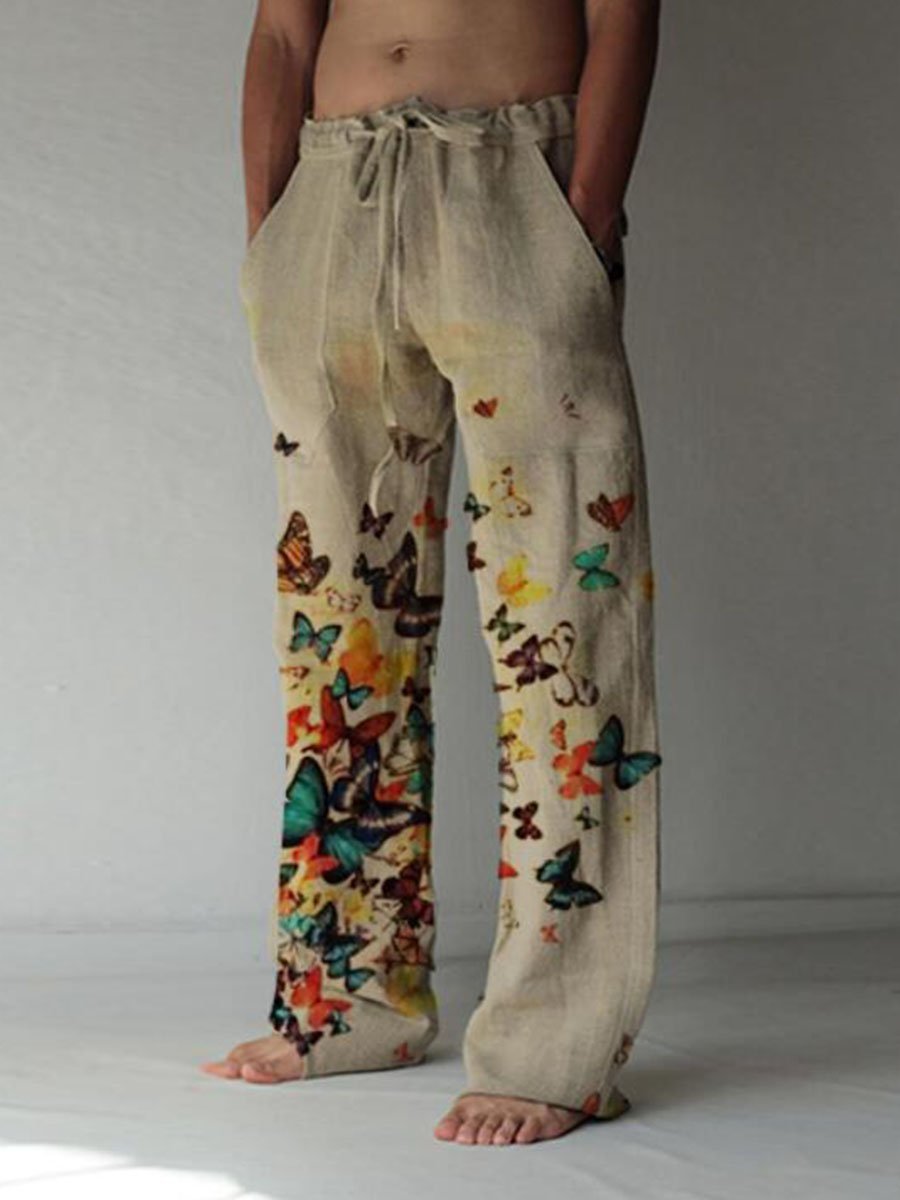 Men's butterfly casual cotton and linen trousers-Move Position