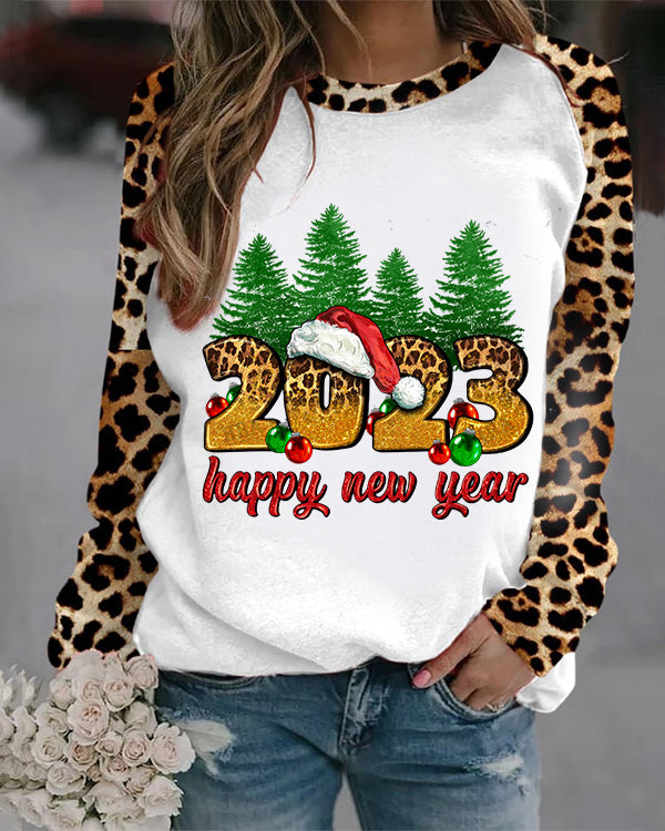 Moveposition™ 2023 happy new year leopard print Round-neck Sweatshirts-Move Position