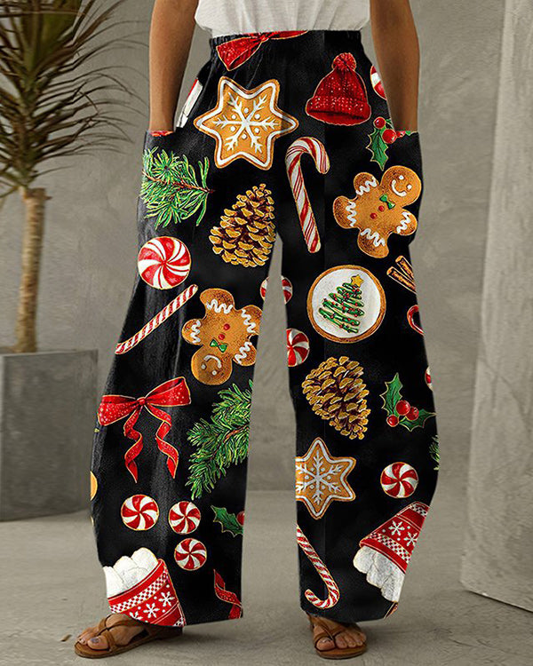Moveposition™ Christmas Elements Cane Candy Gingerbread Printed Women Casual Loose Pants-Move Position