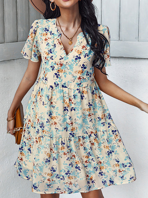 Floral Print Short Sleeve Holiday Dress-Move Position
