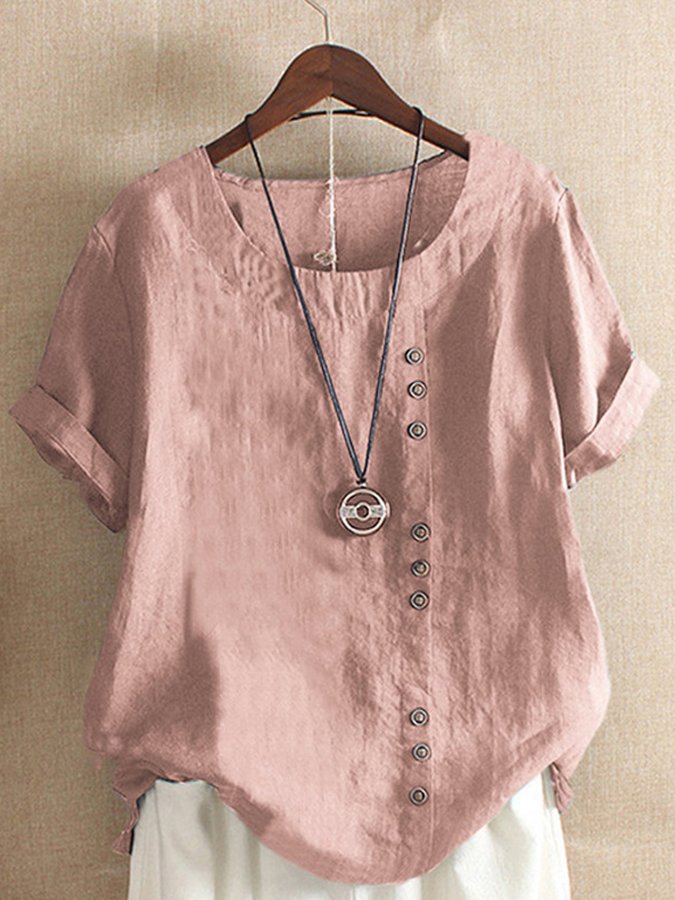 Women's Vintage Cotton Linen Button Crew Neck Short Sleeve T-Shirt-Move Position