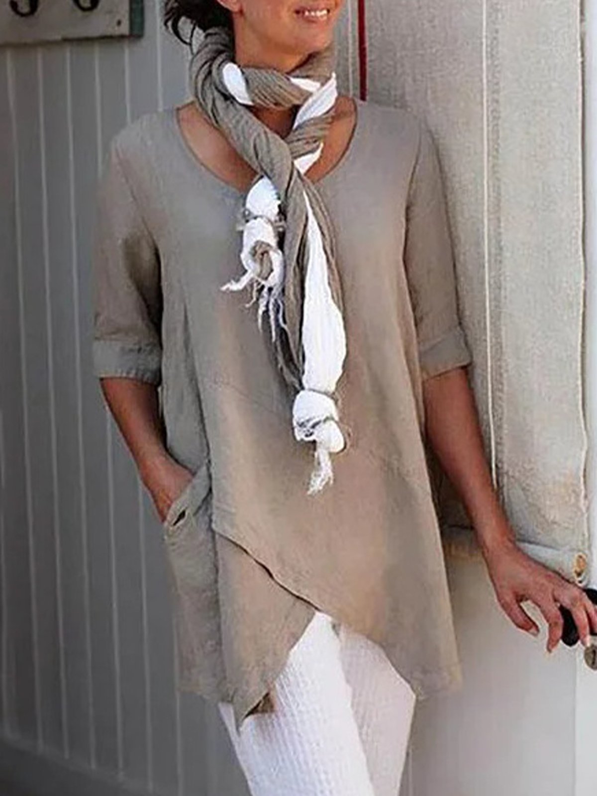 Women's Round Neck Solid Color Casual Cotton Linen Short Sleeves-Move Position