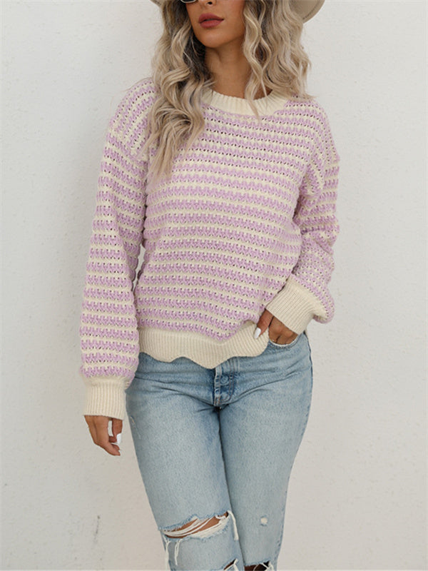 Hollow Out Knitted Wave Hem Sweater-Move Position