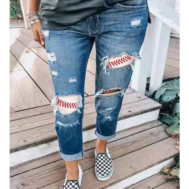 Baseball Stitching Printed Casual Jeans-Move Position