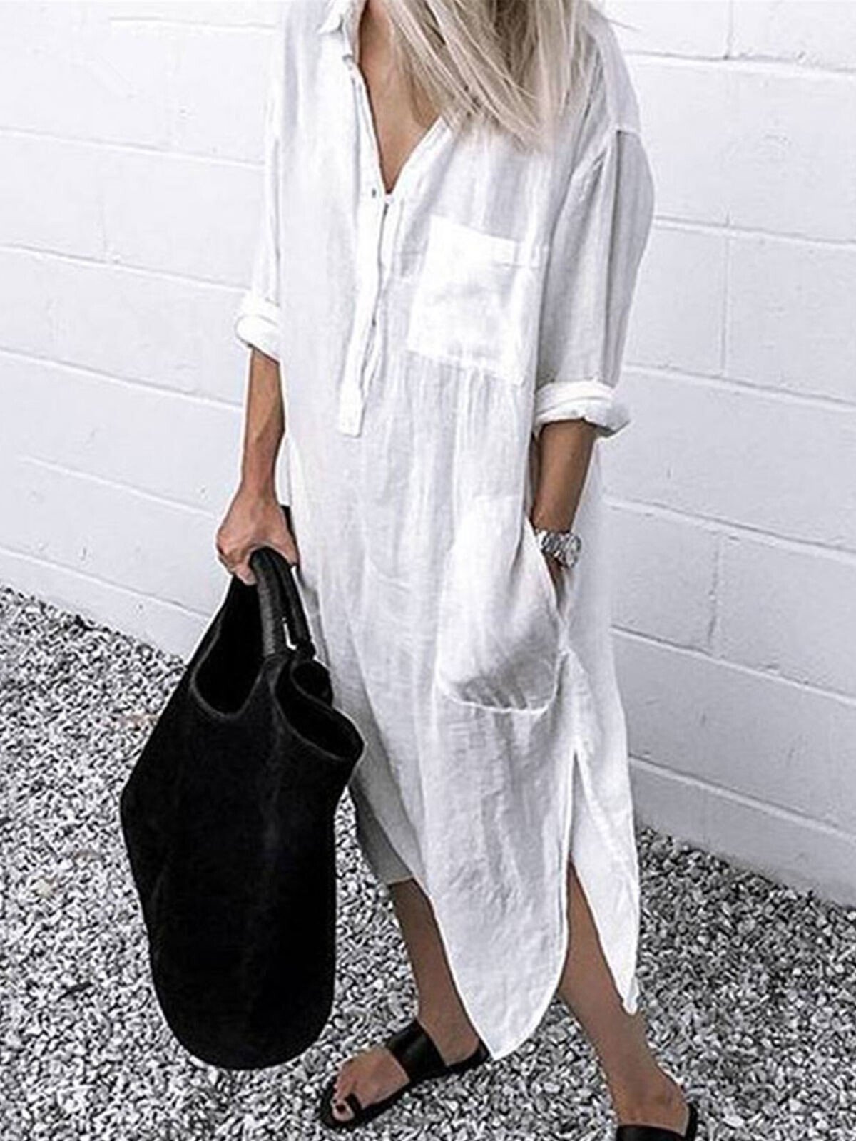 Women's Casual Pure Color Cotton Shirt Dress-Move Position