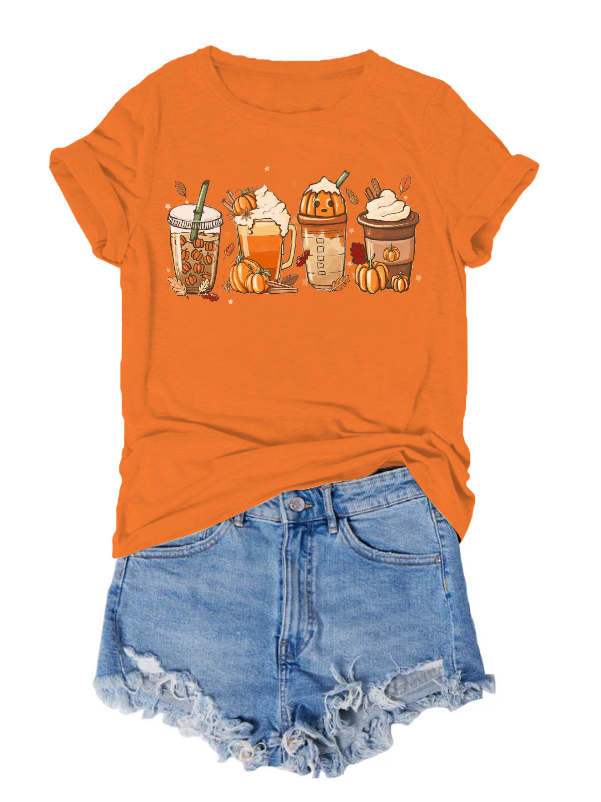 Pumpkin Coffee Print Casual Solid T-Shirt-Move Position
