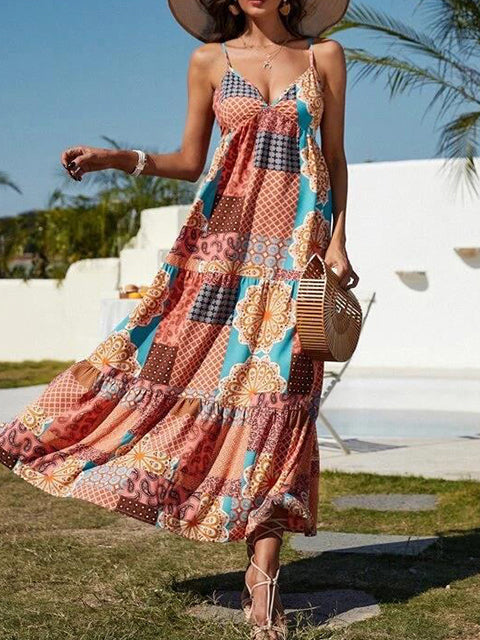 Floral Print Backless Sling Maxi Dress-Move Position
