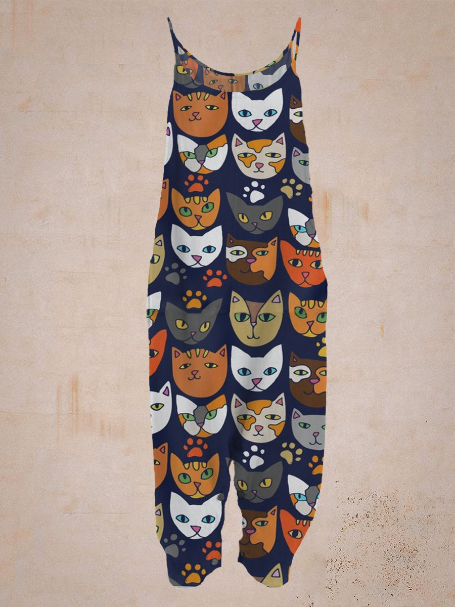 Cute O-neck Cat Casual print sleeveless Jumpsuit-Move Position