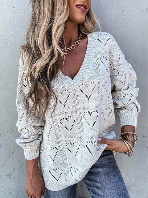 Solid Heart Hollow Out V Neck Sweater-Move Position