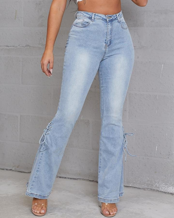 Plus Lace Up Side Pleated Flare Jeans-Move Position