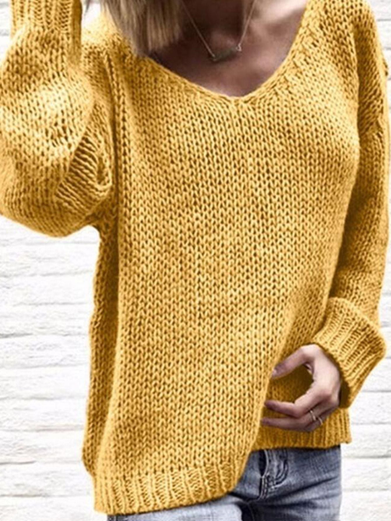 Casual Women Loose Solid Color Top Autumn Knitted  V-Neck Sweaters-Move Position