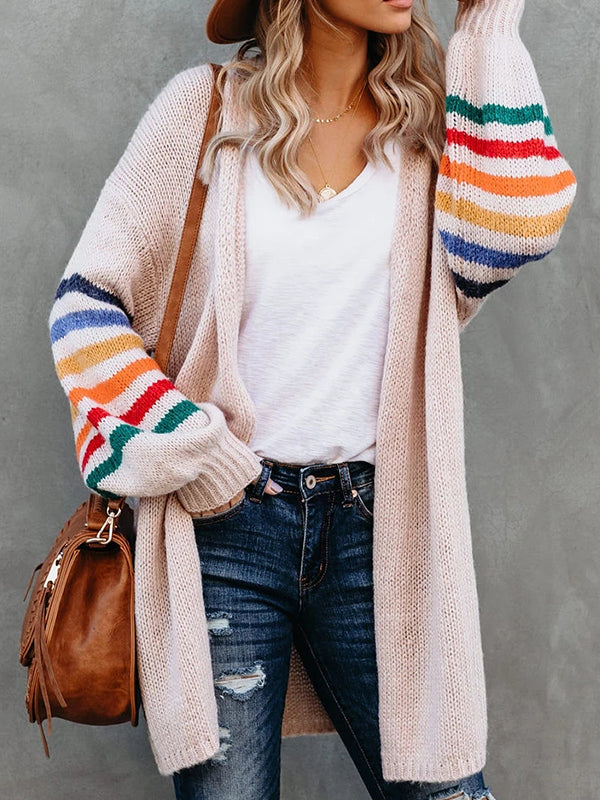Striped Sleeve Long Sleeve Loose Cardigan-Move Position