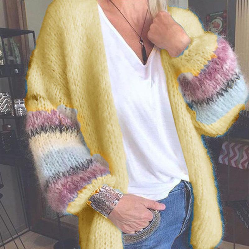 Mohair Cardigan Womens Sweaters Candy Color Sweater Knit Cardigan Coat Striped Long Lantern Sleeve Mohair Sweater-Move Position