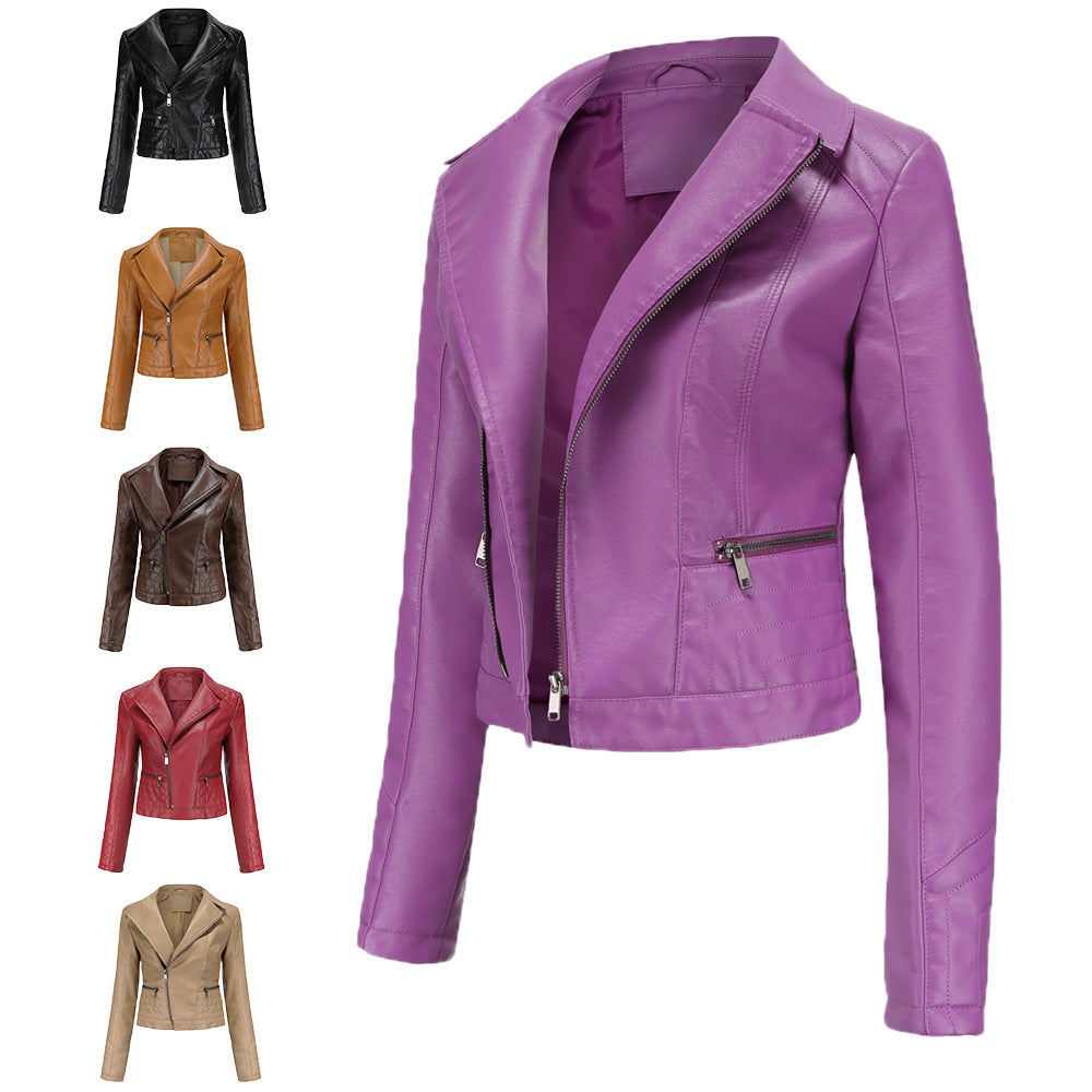 Lapel Washed PU Leather Jacket-Move Position