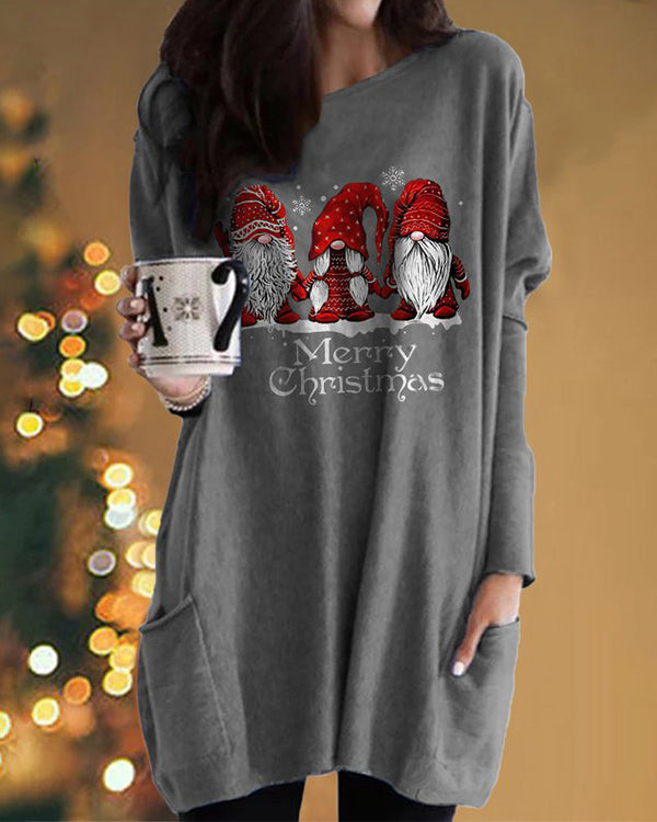 Moveposition™ Christmas Gnomes Print Simple Design Casual Long Top-Move Position