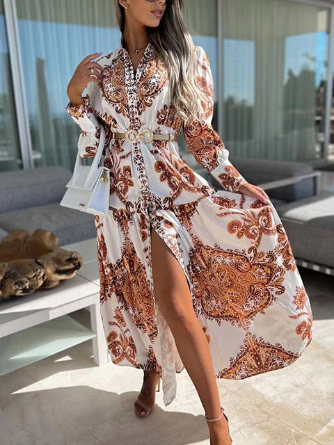 Printed V-neck Single-breasted Long Dress-Move Position