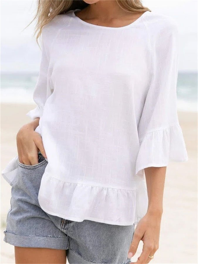 Casual Cotton And Linen Mid-Sleeve Top-Move Position