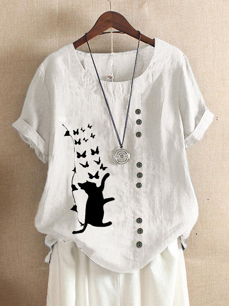 Cat Fluttering Butterfly Print Cotton And Linen Shirt-Move Position