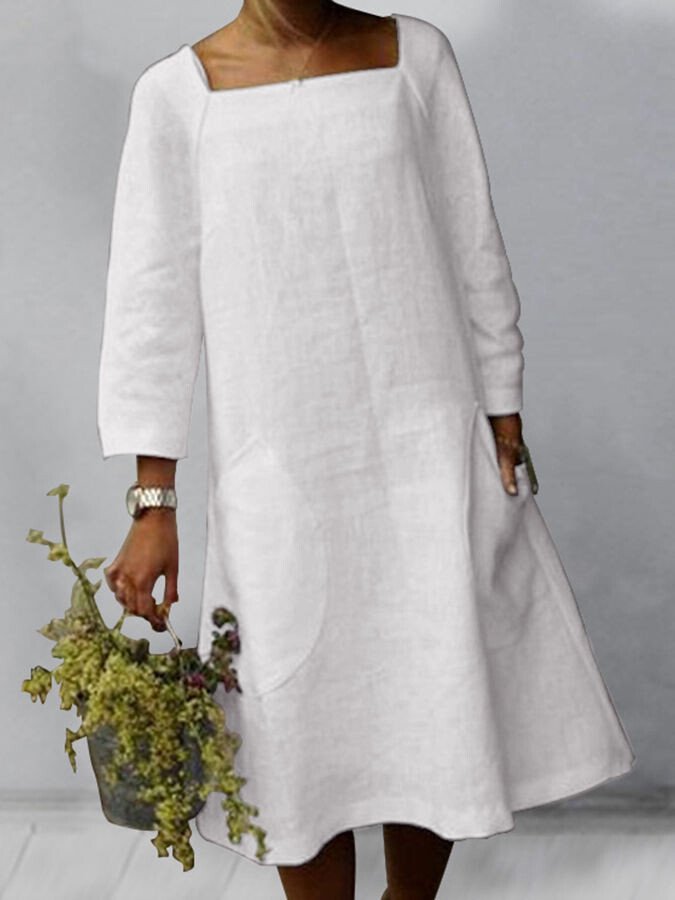 Ladies Cotton Linen Pocket Casual Solid Color Dress-Move Position
