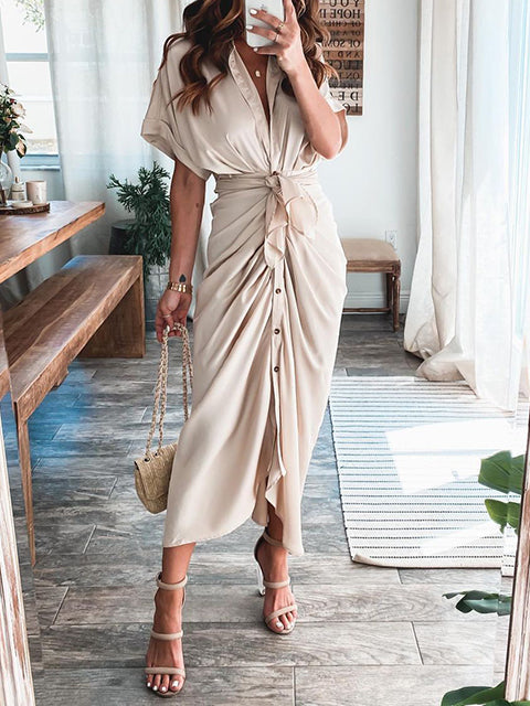 Solid Color Tie Waist Pleated Dress-Move Position