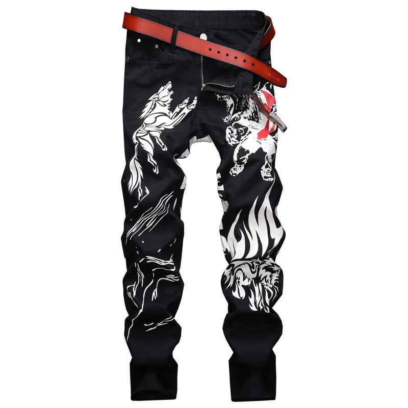 Wolf Print Elasticity Jeans-Move Position