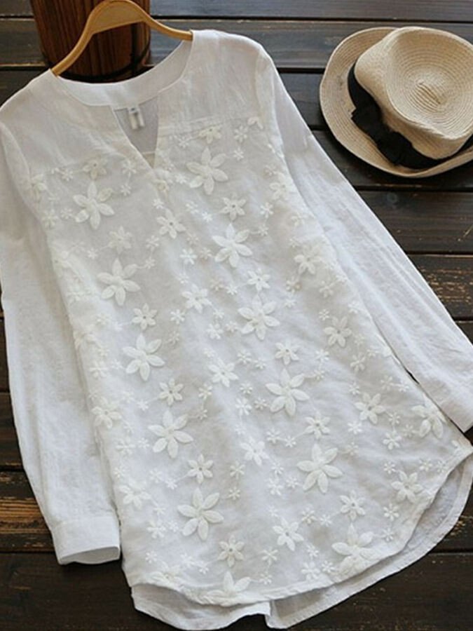 Women's lace embroidered cotton and linen long-sleeved shirt-Move Position