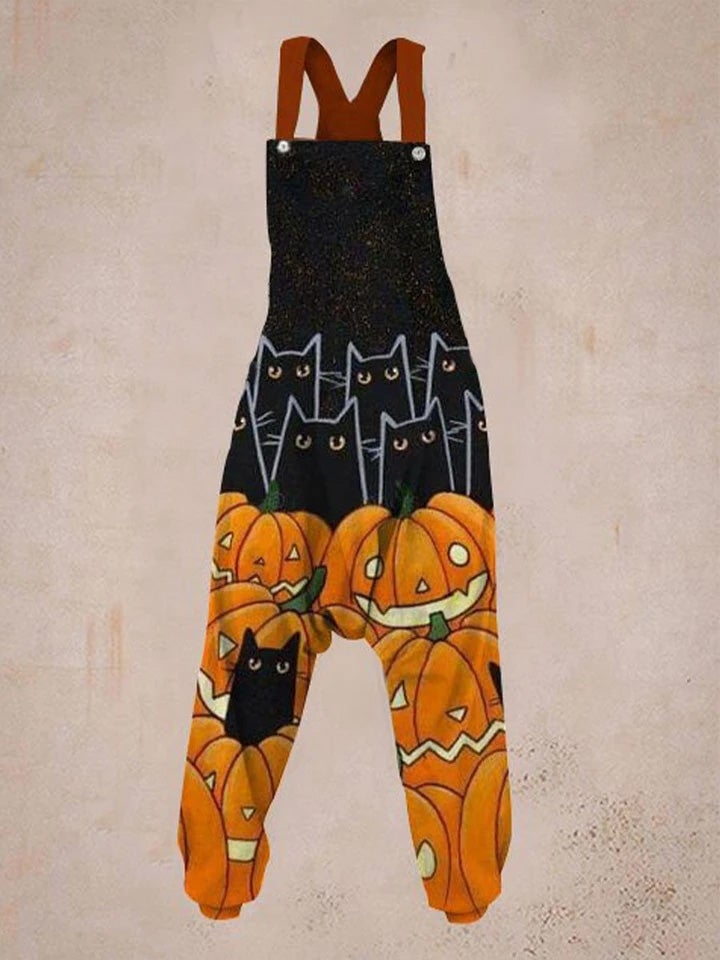 Women's Halloween Pumpkin and Cat Print Harlan Jumpsuit-Move Position