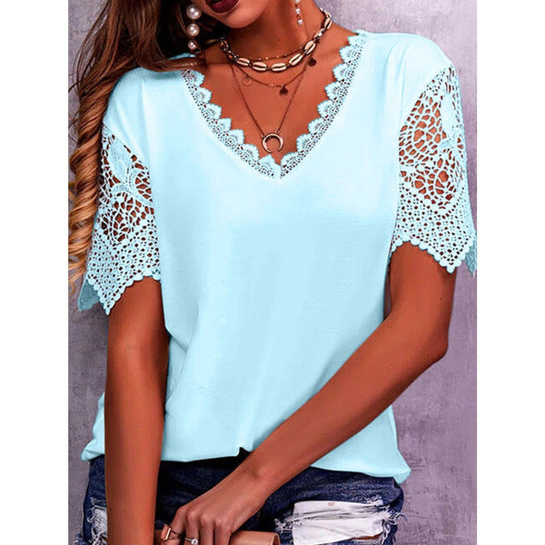 Women's Lace Patchwork Loose V-Neck Short Sleeve T-Shirt-Move Position