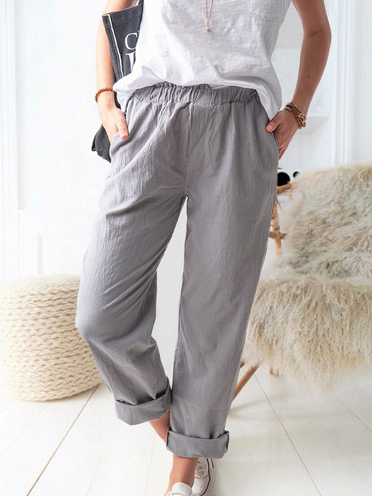 Women's Pure Color Casual Cotton Pants-Move Position