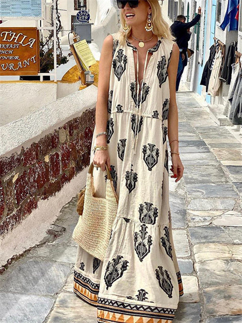Sleeveless Boho Printed Maxi Dress-Move Position