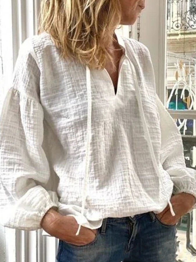 Ladies Cotton Linen Solid Color Long Sleeve Shirt-Move Position