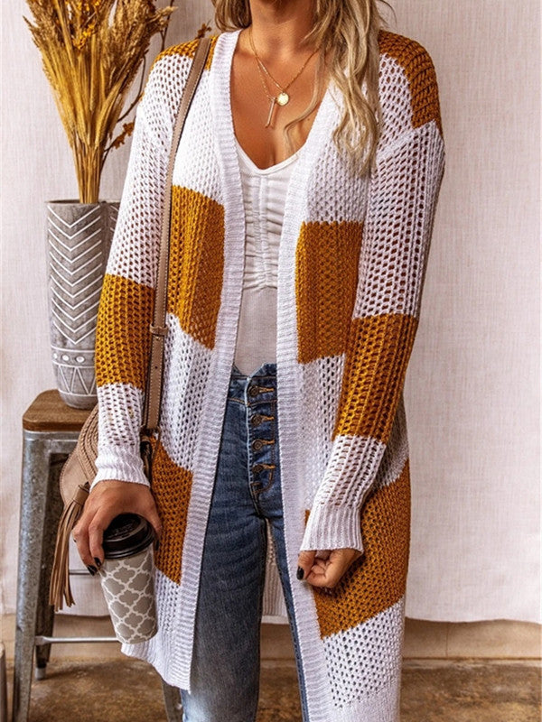 Hollow Out Contrast Color Long Cardigan-Move Position