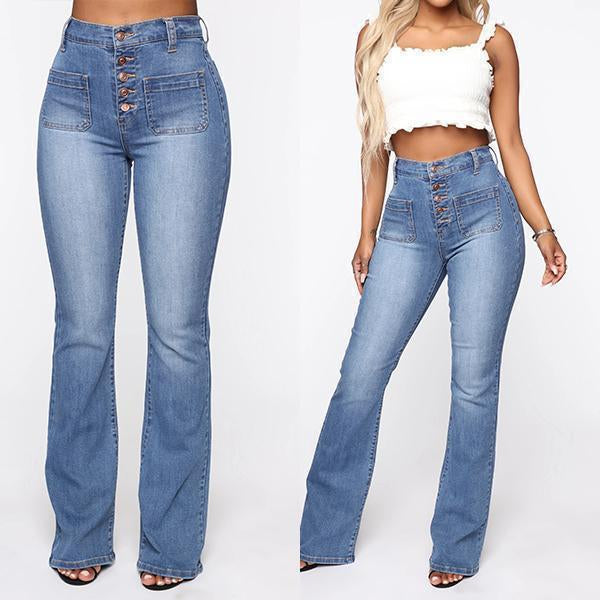 Button Fly Booty Shaping High Waist Flare Jeans-Move Position