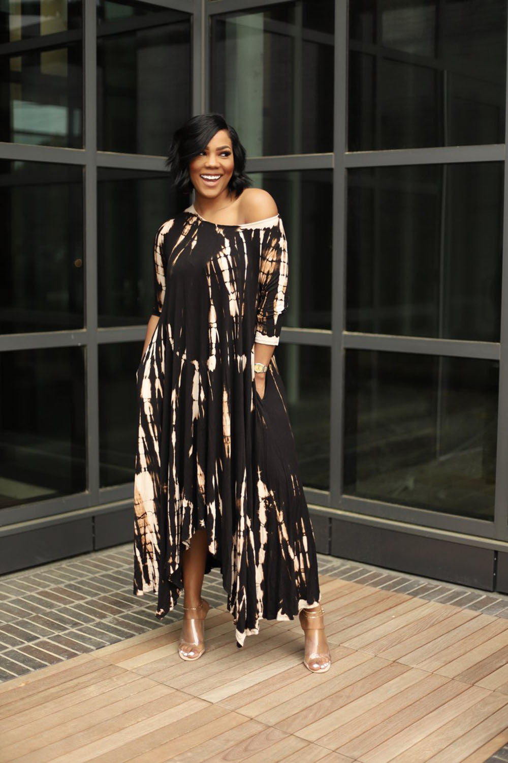 Loose Graffiti Tie-Dye Pocket Midi Dress-colinskeirs