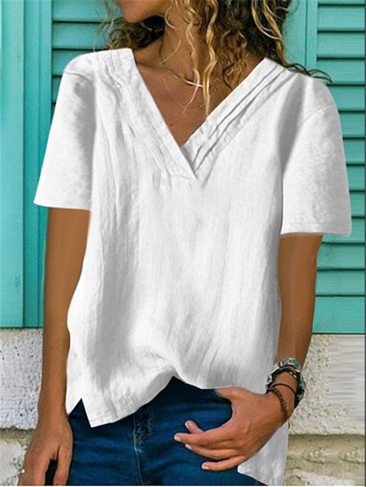 Women's Big V Neck Short Sleeve Hem Bifurcated Multi-layer Collar Pleated T-Shirt Top-colinskeirs