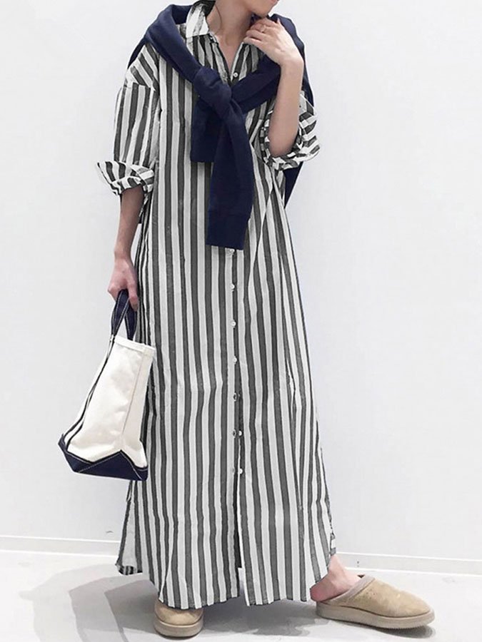 Striped Single-Breasted Shirt Dress-colinskeirs