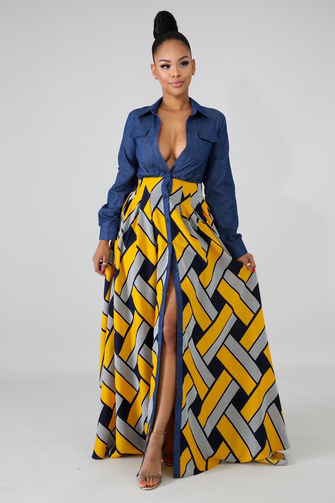 Denim stitching woven digital print dress-colinskeirs