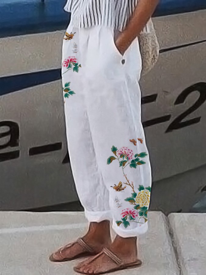 Women's Cotton Linen Floral Print Lounge Pants-colinskeirs