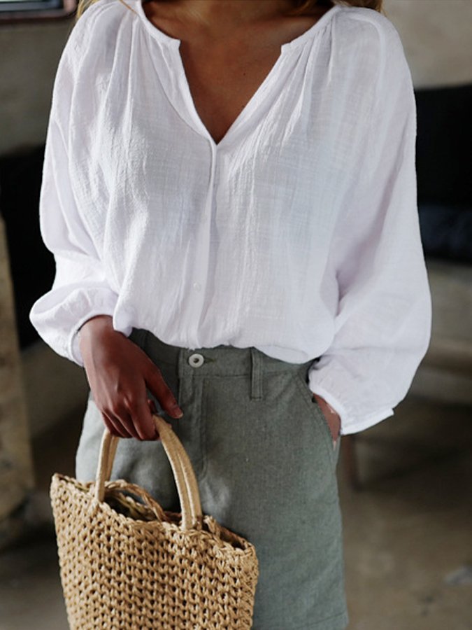 Women's Cotton Linen V-neck Solid Color Shirt-colinskeirs