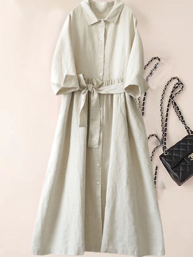 Women's Solid Cotton Linen Lapel Shirt Dress-colinskeirs