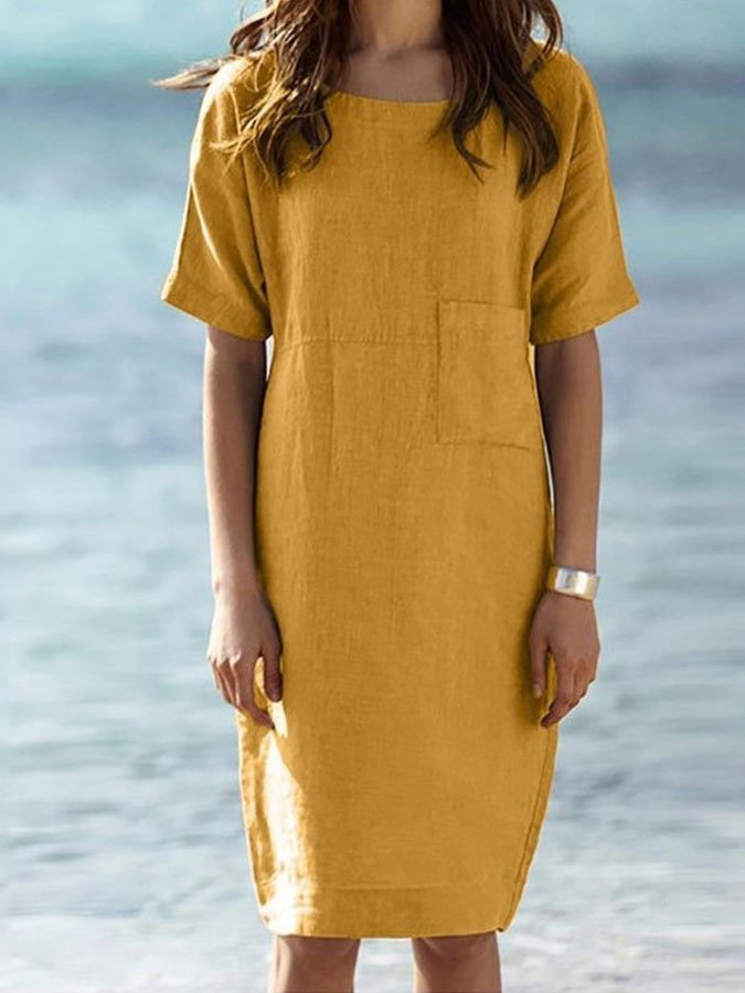 Casual Solid Color Cotton And Linen Dress-colinskeirs