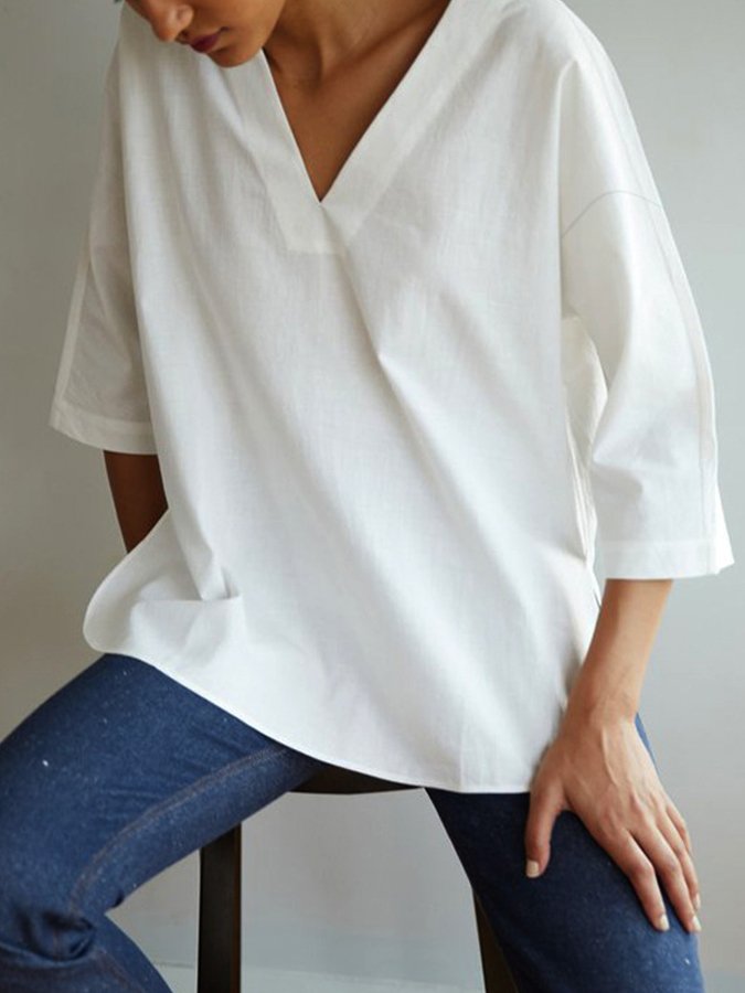 Women's Casual Pure Color V-Neck Cotton Shirt-colinskeirs
